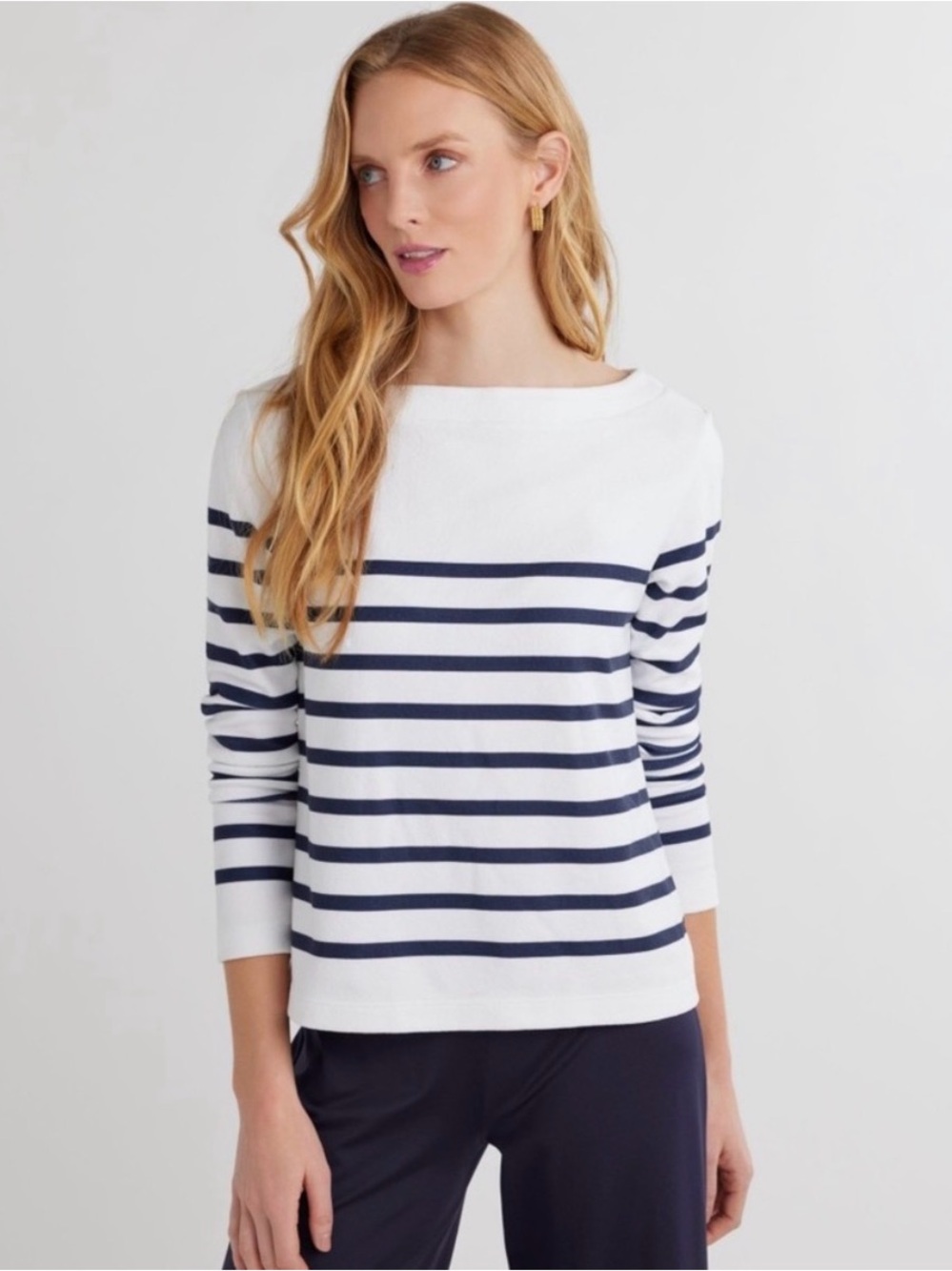 Dudley Stephens Saylor Boatneck Top Navy White Stripe Terry Fleece Size S
